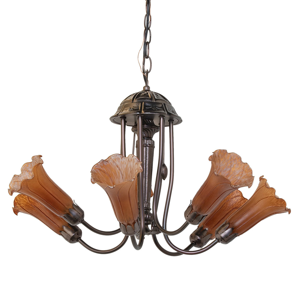 Tiffany Pond Lily 7 Light Chandelier with unlit amber glass shades.