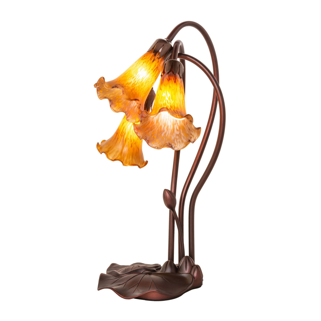 front view of amber tiffany pond lily accent lamp featuring three elegant lily shades.