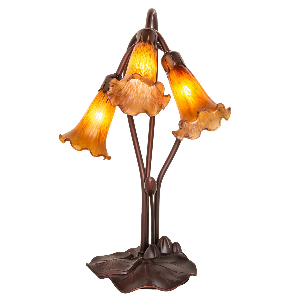 rear view of amber tiffany pond lily accent lamp with hand-finished lily pad base.