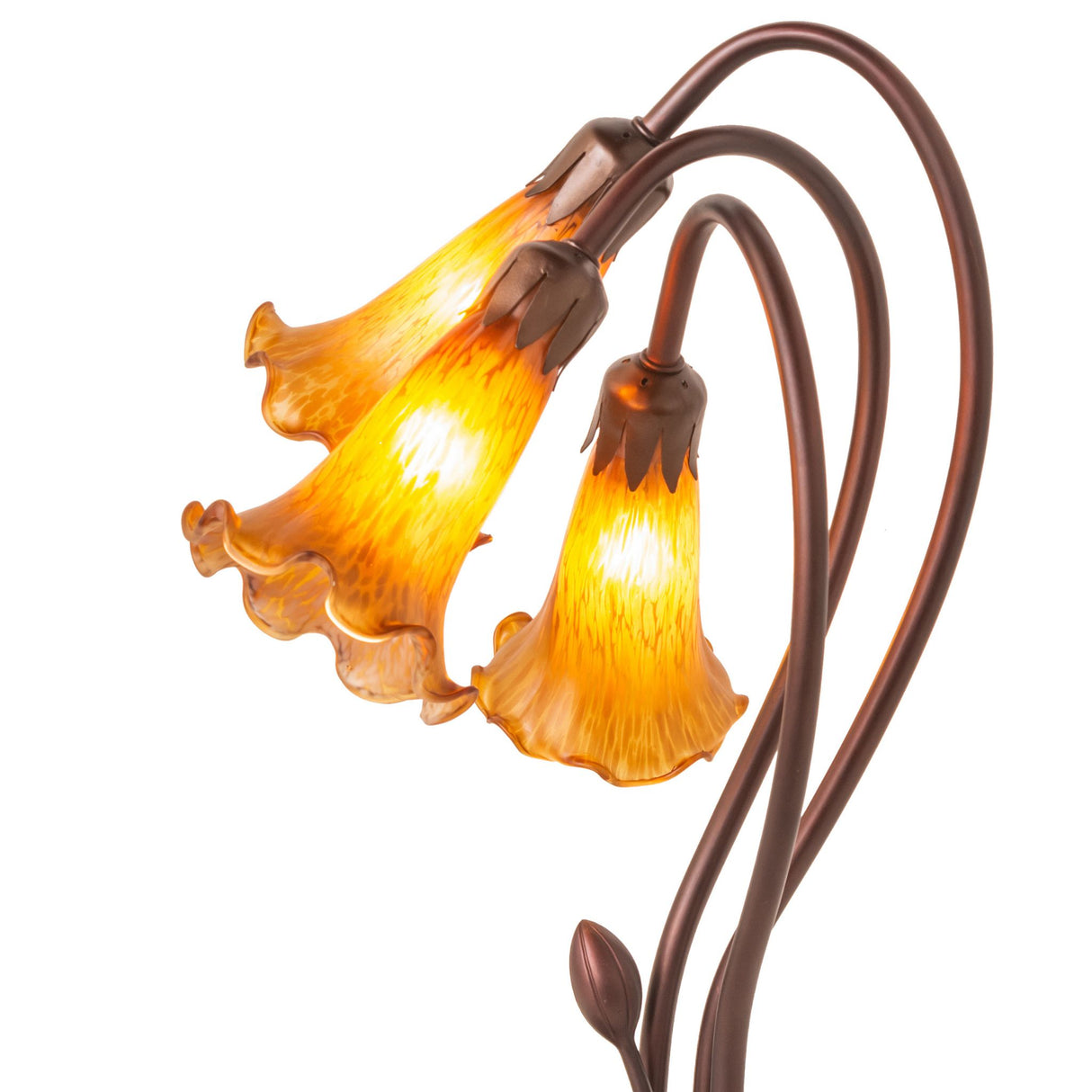 closeup view of mouth-blown amber art glass shades on tiffany pond lily accent lamp.