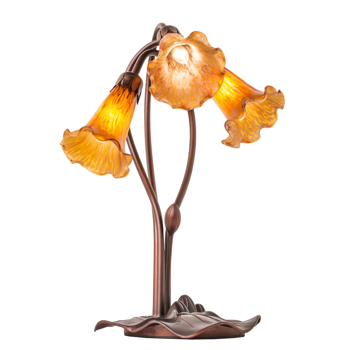 side angle view of amber tiffany pond lily accent lamp with delicately winding stems.