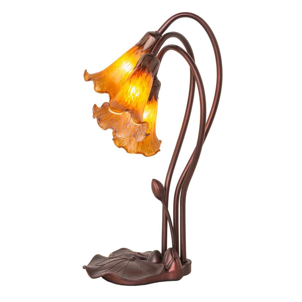 Side view of amber tiffany pond lily accent lamp.