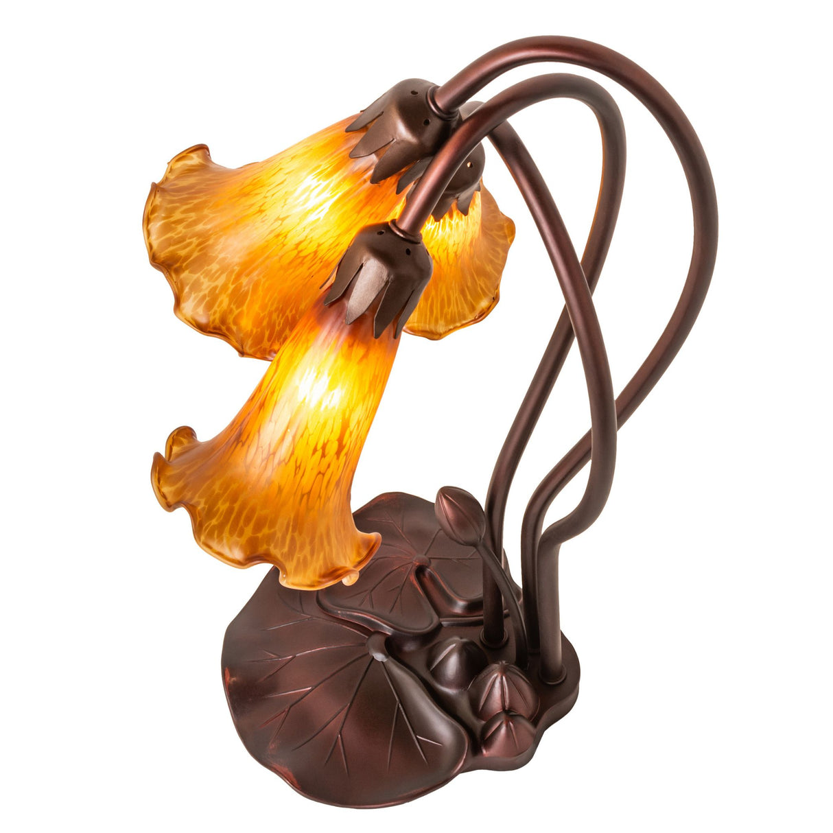 top view of amber tiffany pond lily accent lamp highlighting artistic shade arrangement.