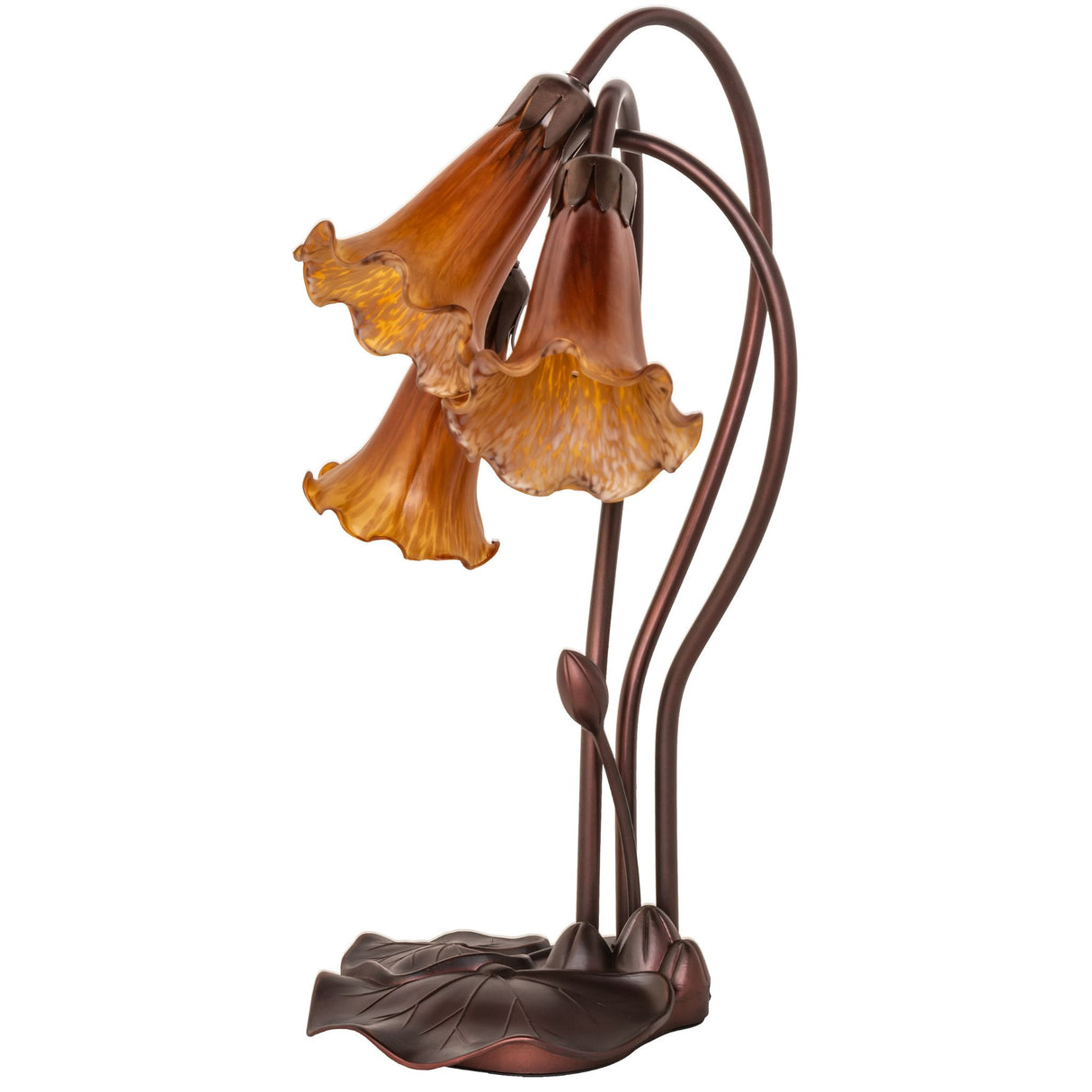unlit view of amber tiffany pond lily accent lamp showcasing intricate shade details.
