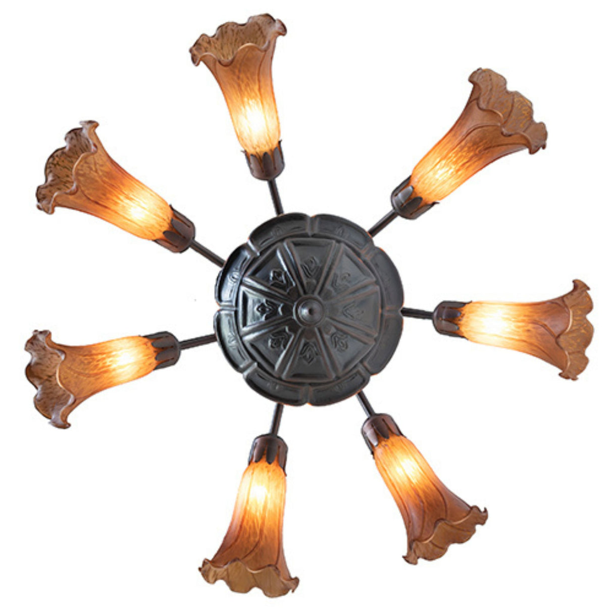 Amber Tiffany chandelier top-down view showing seven lily-shaped glass shades