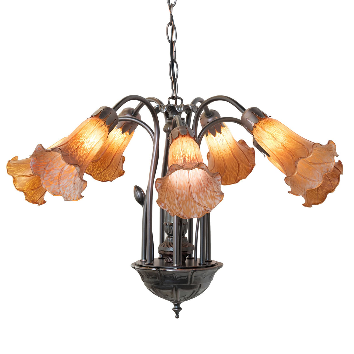 Amber Tiffany Pond Lily chandelier with 7 light fixtures and elegant flared glass shades.