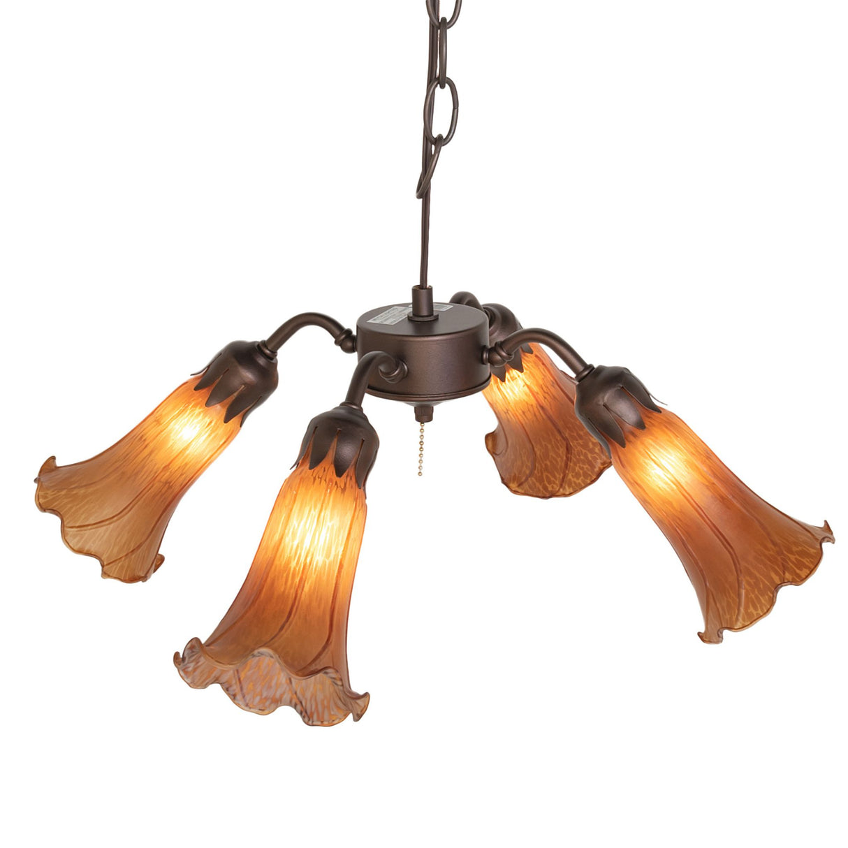 Chain-hanging Top-down view of Amber Tiffany Pond Lily fan light.