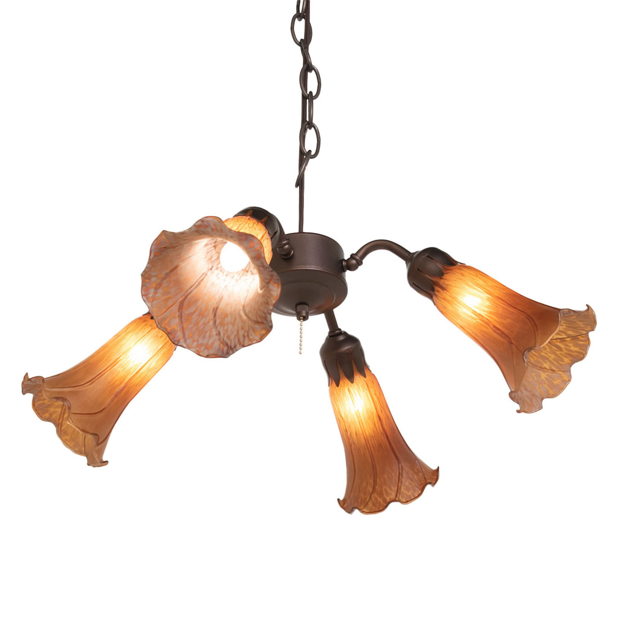 Angle view of Amber Tiffany Pond Lily fan light, showing intricate textures.