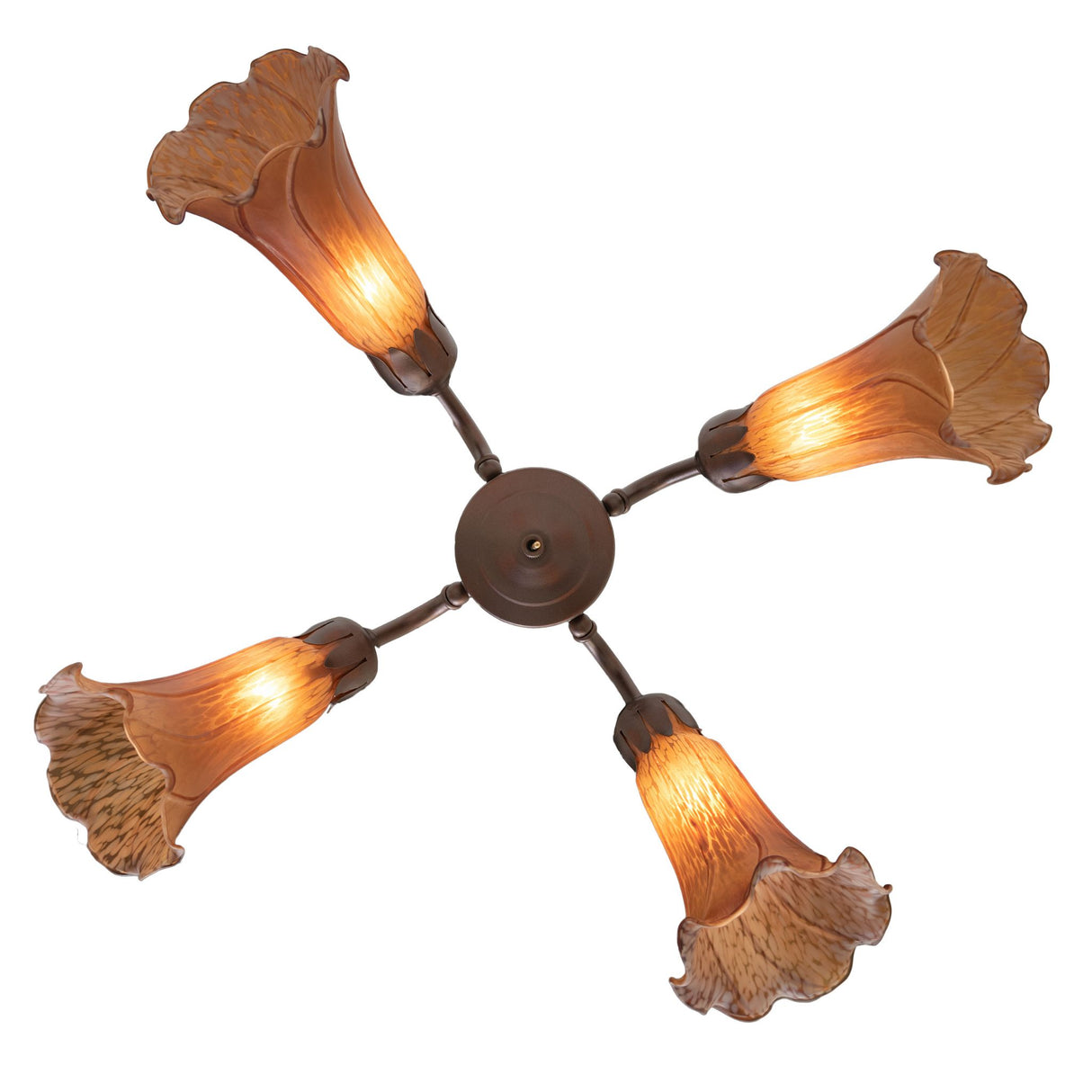Bottom view of Tiffany Pond Lily fan light, emphasizing artistic shade design.