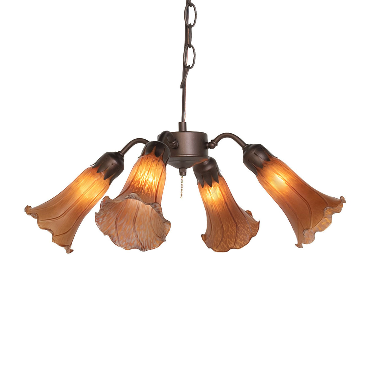 Hanging Amber Tiffany Pond Lily fan light with classic bronze finish.