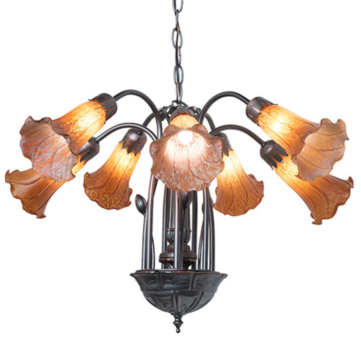 Amber Tiffany chandelier in illuminated view, featuring intricate floral glass details