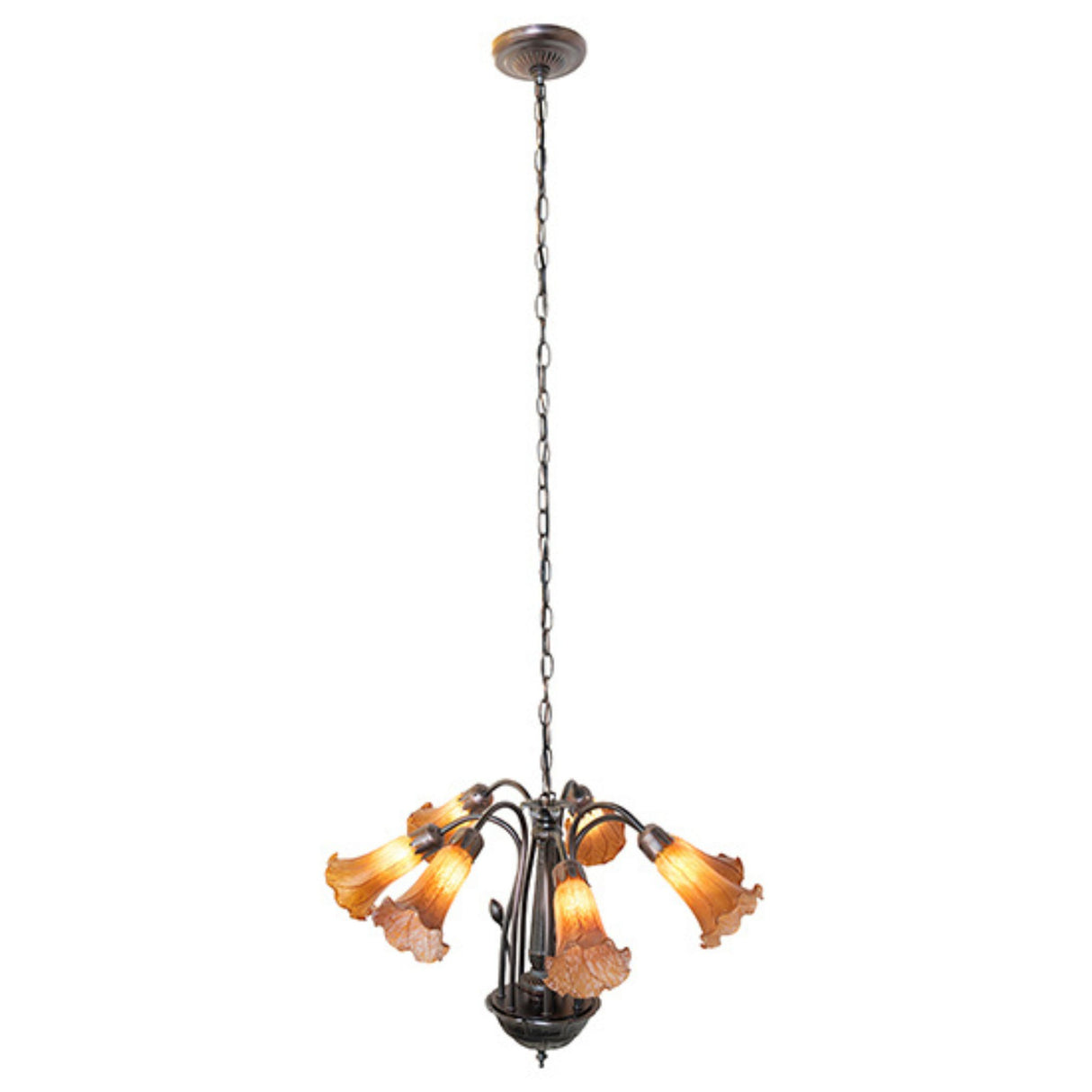 Full-length view of hanging amber Tiffany Pond Lily chandelier with seven lights