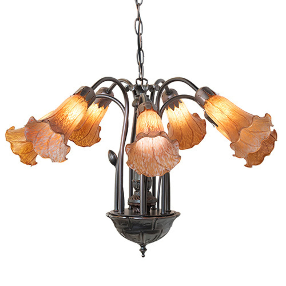 Amber Tiffany chandelier with glowing floral glass shades and hanging chain