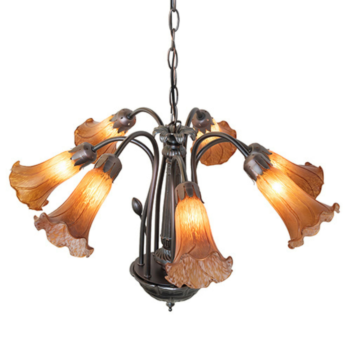 Warm amber chandelier with Tiffany-style lily-shaped glass shades and elegant bronze finish