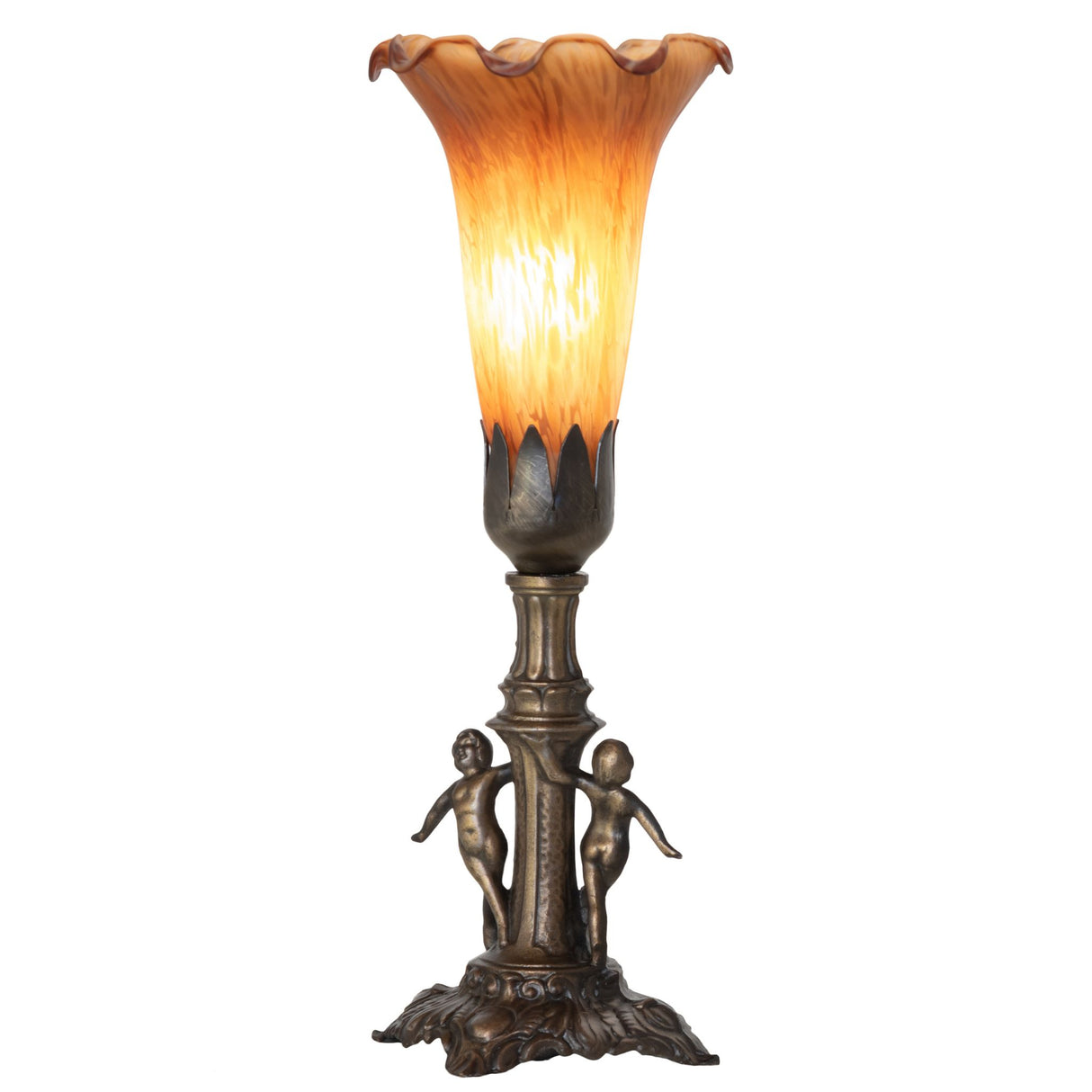 Illuminated Amber Tiffany Pond Lily Maidens Mini Lamp with antique brass base.