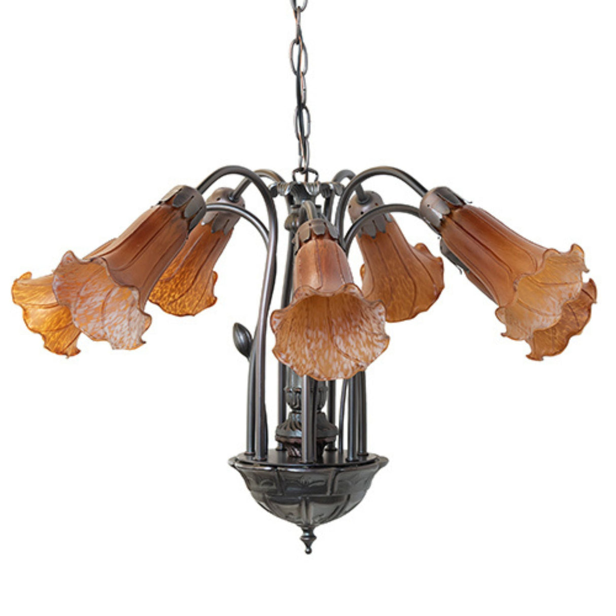 Side view of illuminated amber Tiffany Pond Lily chandelier with floral glass shades
