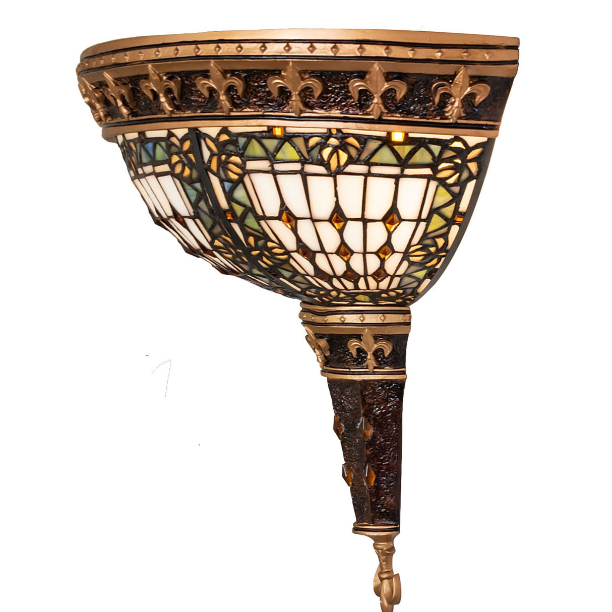 Angled view of Fleur-de-lis wall sconce highlighting its detailed stained glass finish.