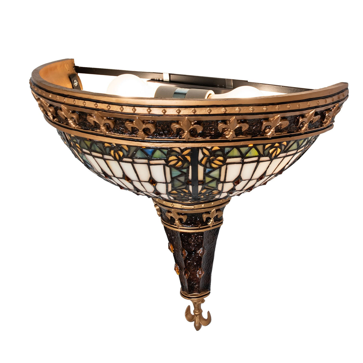 Angled view of Fleur-de-lis wall sconce with open frame revealing interior bulb setup.