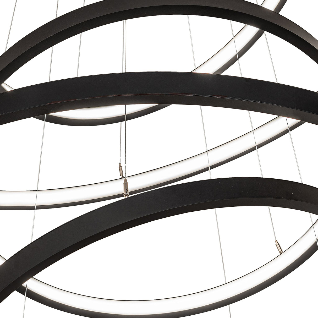 Close-up of textured black LED ring detail on Anillo cascading chandelier.
