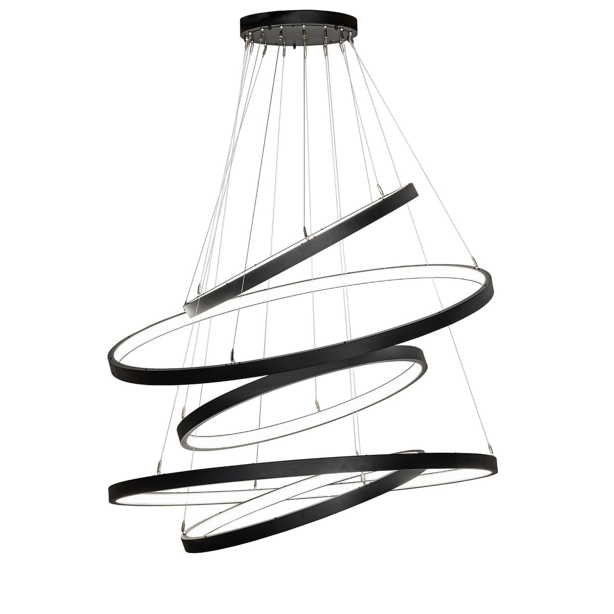 Side angle view showing staggered suspension of Anillo five-ring chandelier.