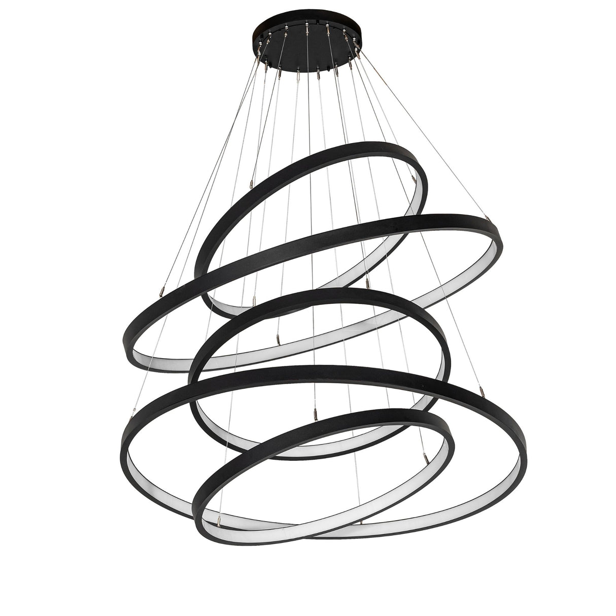 Anillo five-ring cascading chandelier with textured black LED rings shown unlit.