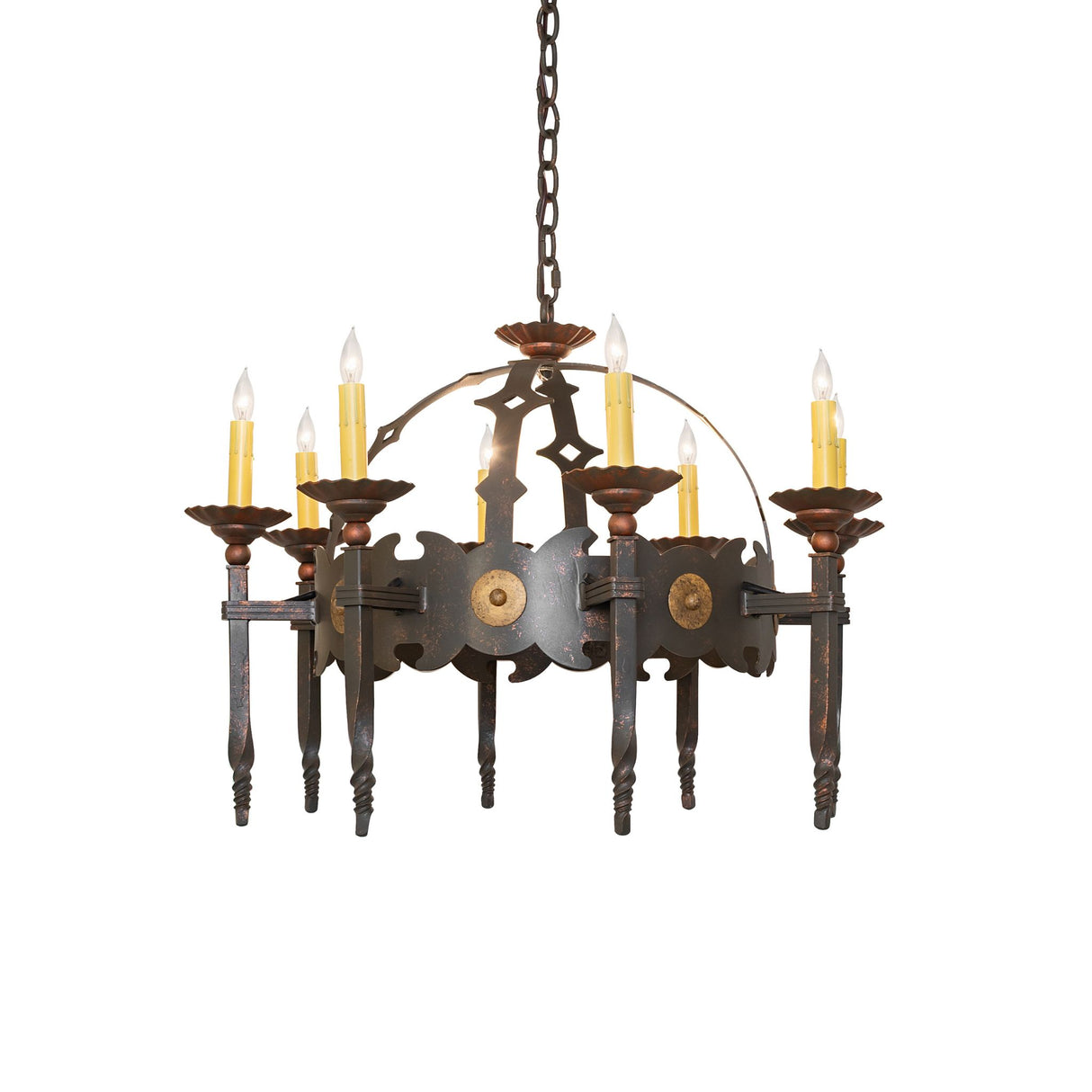 Lit view of Antibes 8-light chandelier with gilded tobacco iron frame.