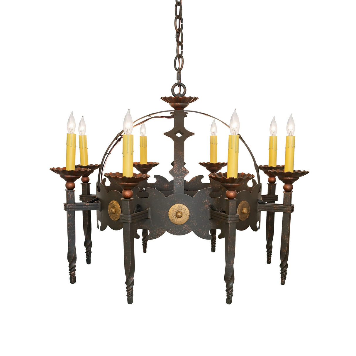 Symmetrical view of Antibes chandelier with eight candle lights.