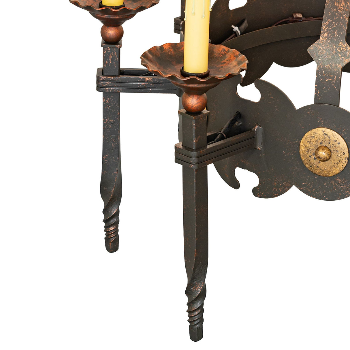 Close-up of Antibes chandelier arm and faux candle bobeche.