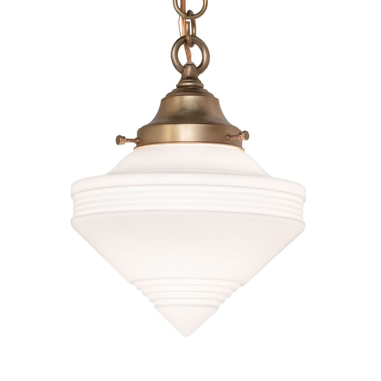Antique brass cone pendant with white deco globe.