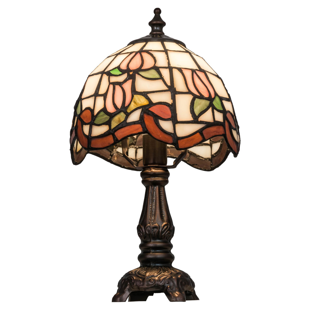 Angled view of a Roseborder mini lamp with bronze base and floral glass.