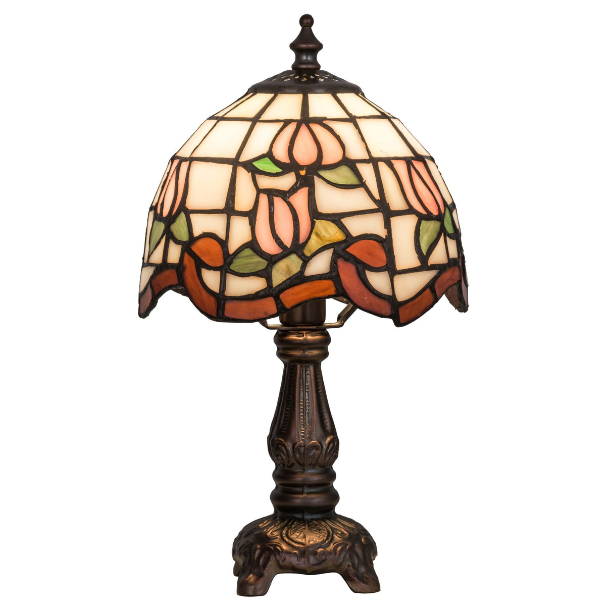 Close-up of the Roseborder mini lamp showing detailed stained glass flowers.