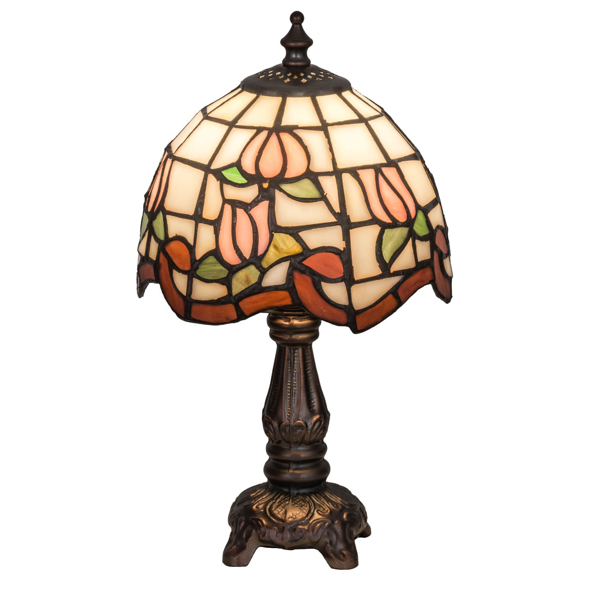 Front view of a bronze Roseborder mini lamp with floral stained glass.