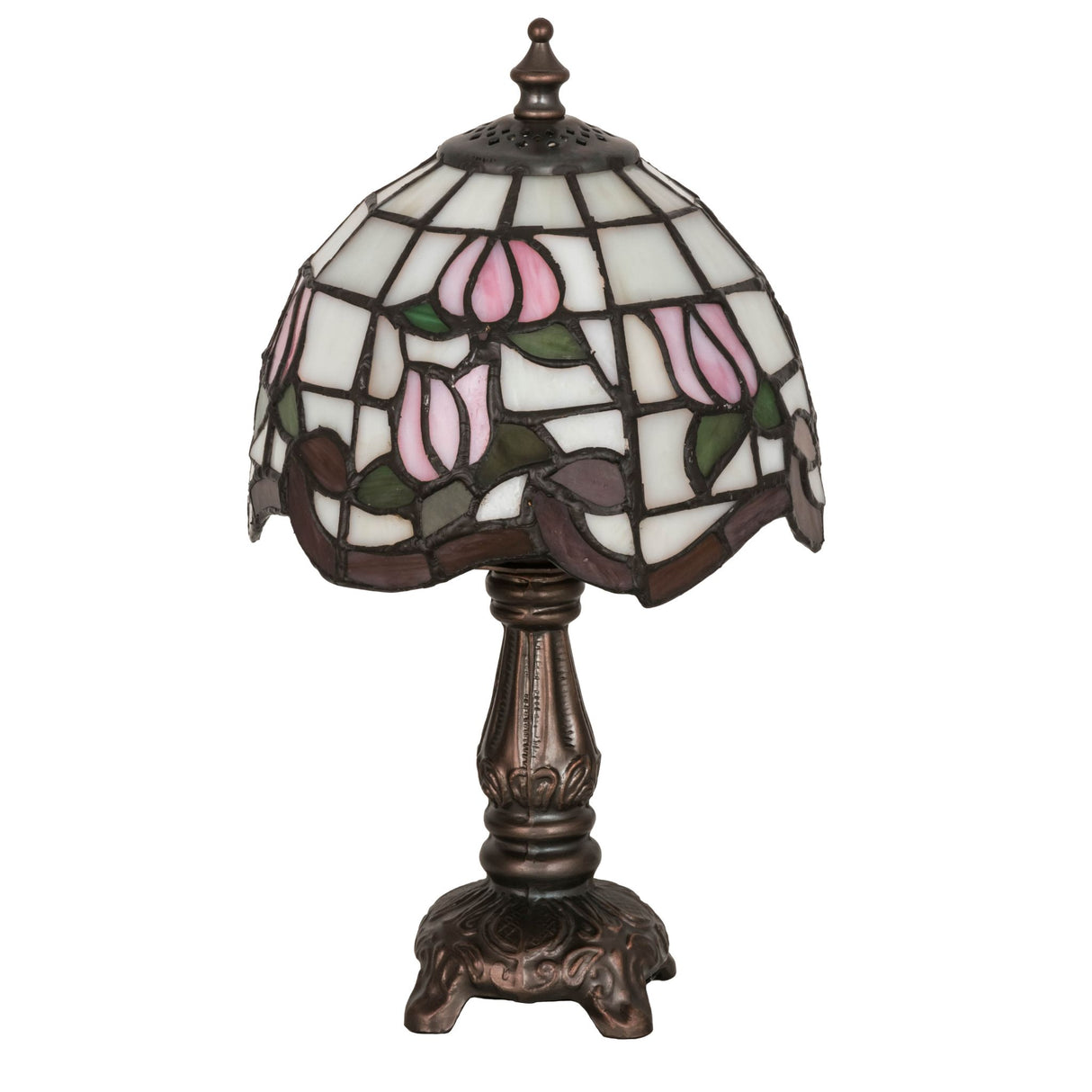 Side view of a vintage Roseborder mini lamp with intricate floral details.