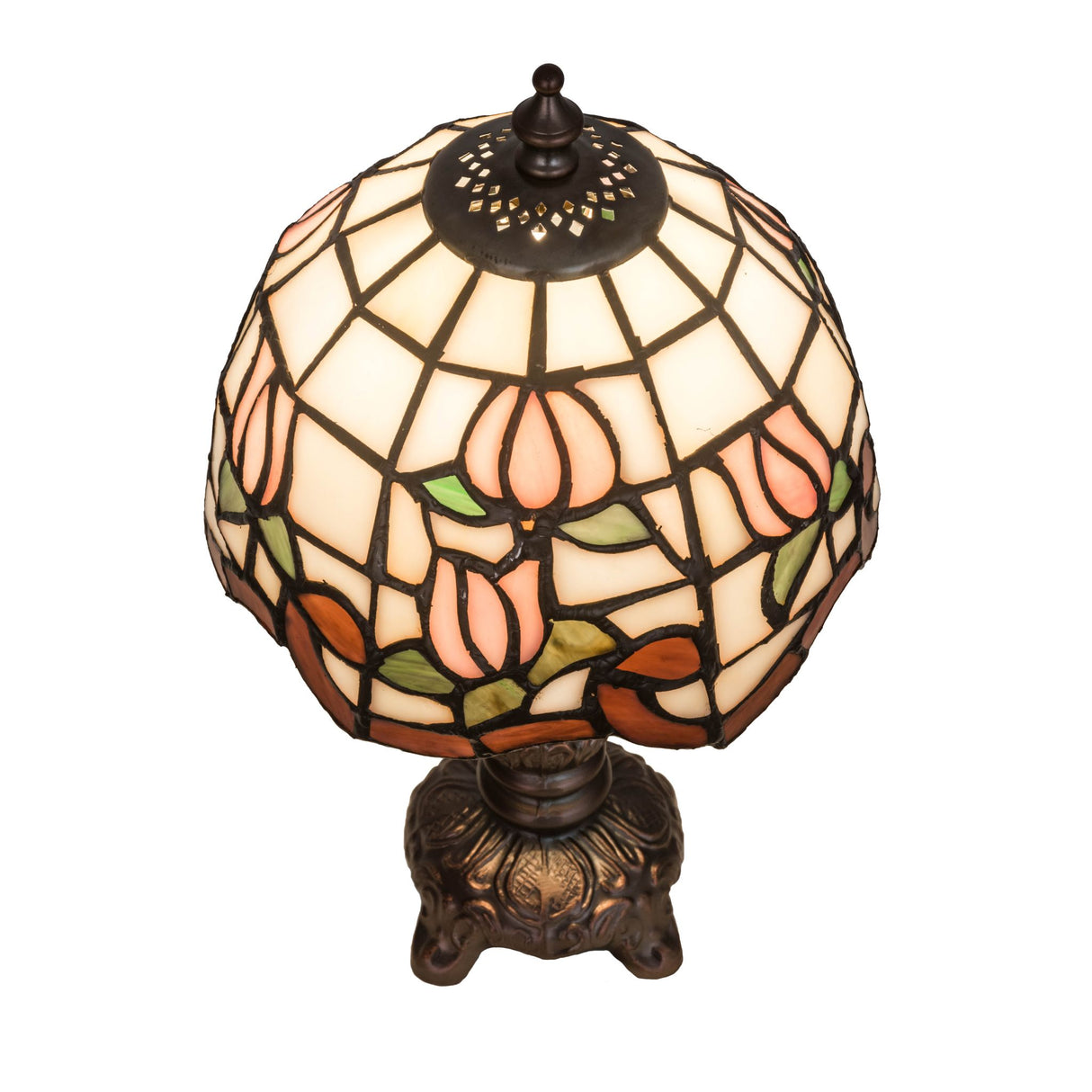 Top perspective of a Roseborder mini lamp featuring a stained glass floral pattern.