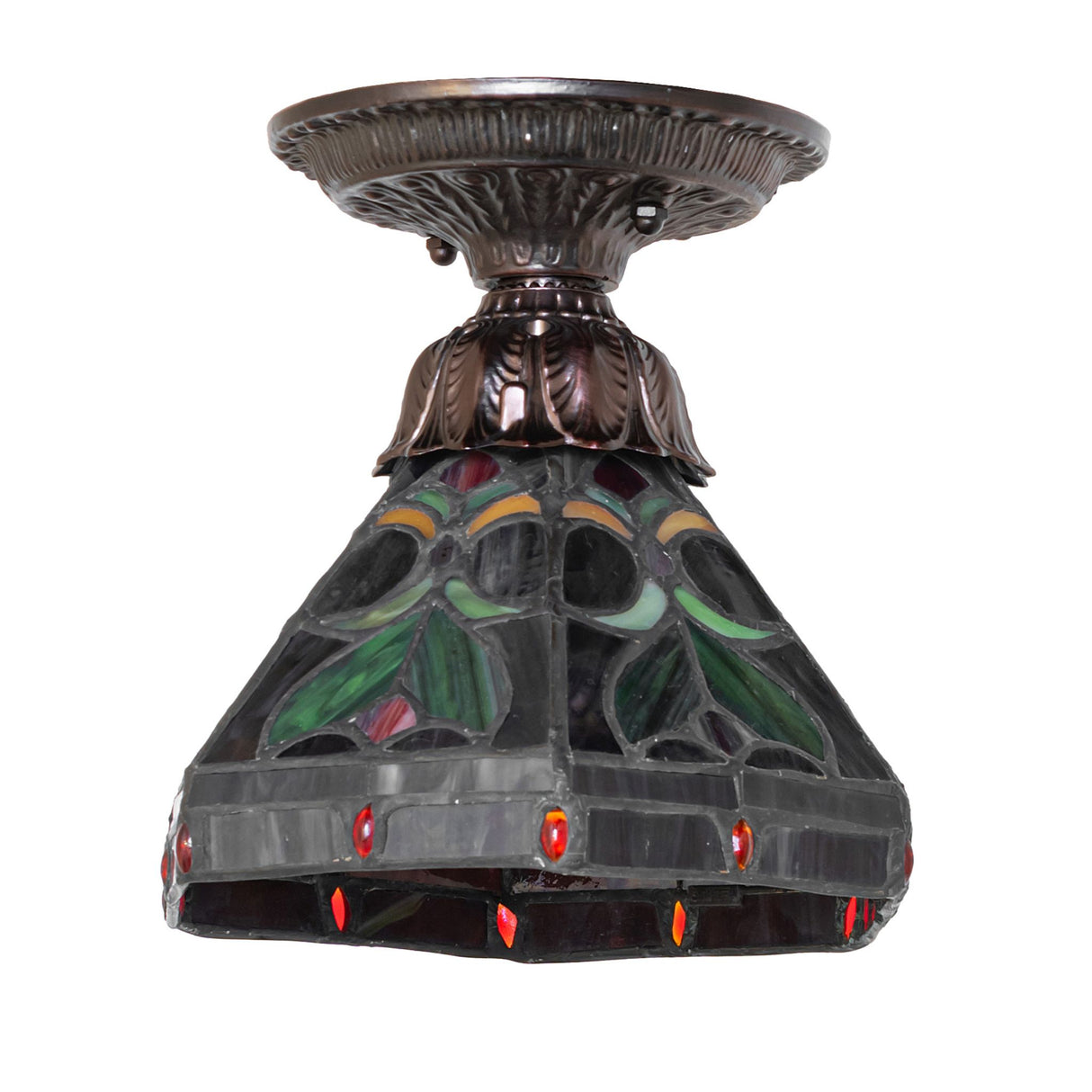 Antique-style flushmount ceiling light with stained glass pattern.