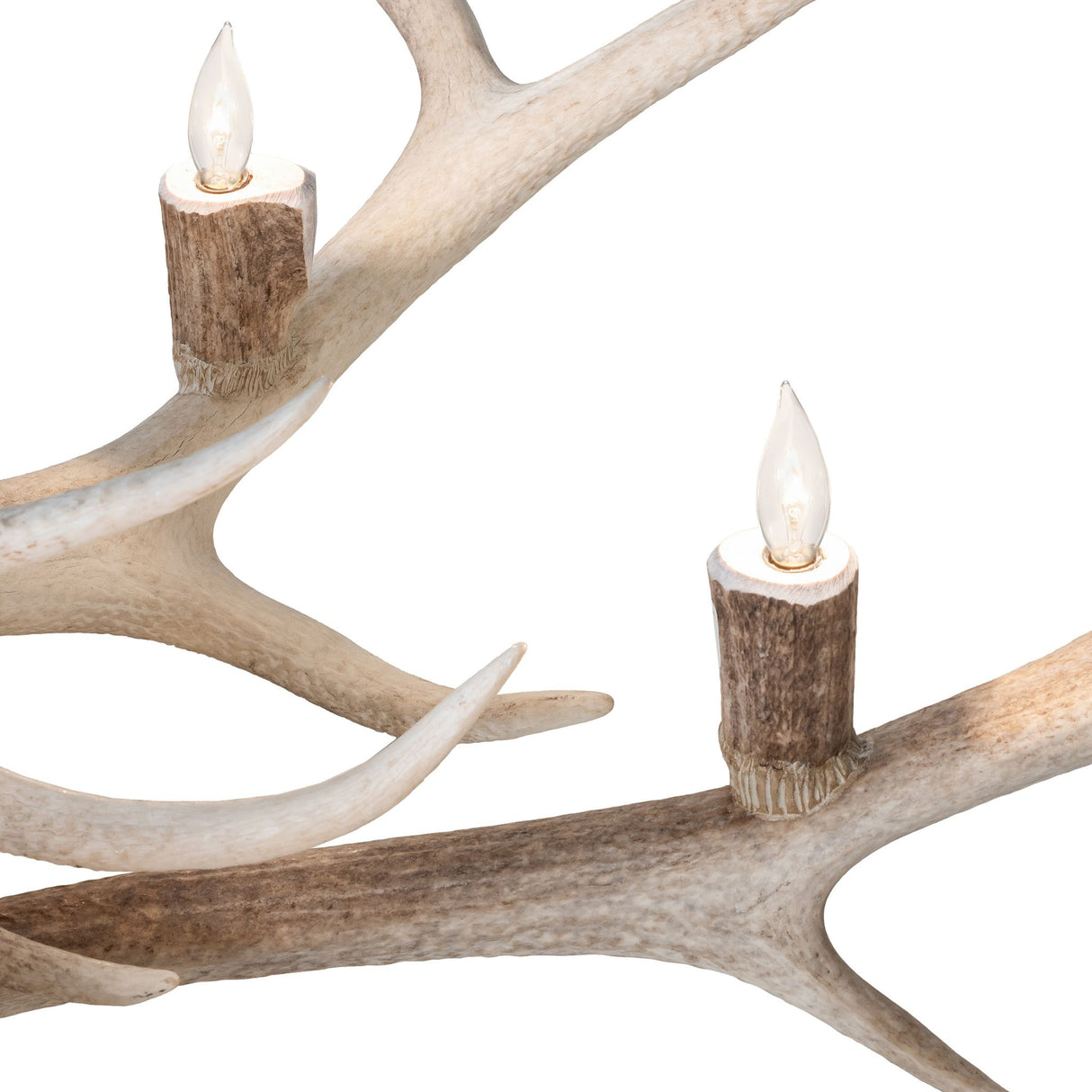 Close view of candle-style bulb cups crafted into real antlers.