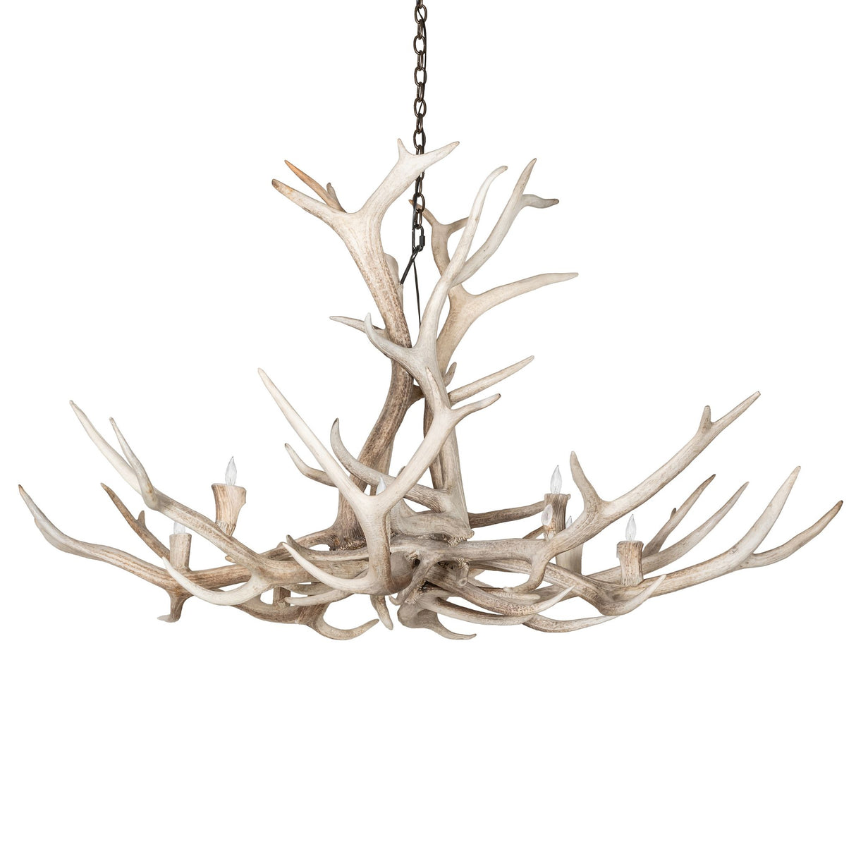 Unlit view of Elk antler chandelier showcasing natural antler texture.