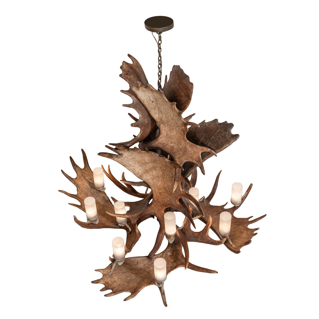 Top angle view of chandelier revealing layered antler structure and upper glass placement.