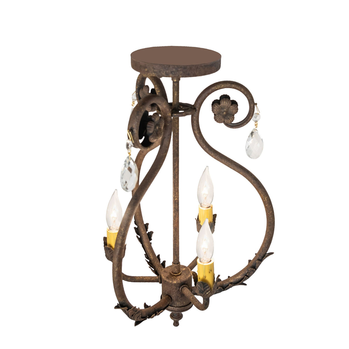 Top angle view of chandelier revealing upper scroll arms, floral accents, and candle sleeves.