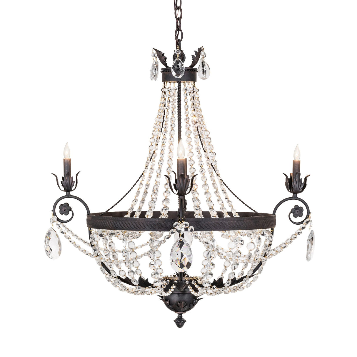Side view of chandelier highlighting crystal drape and candle holders.