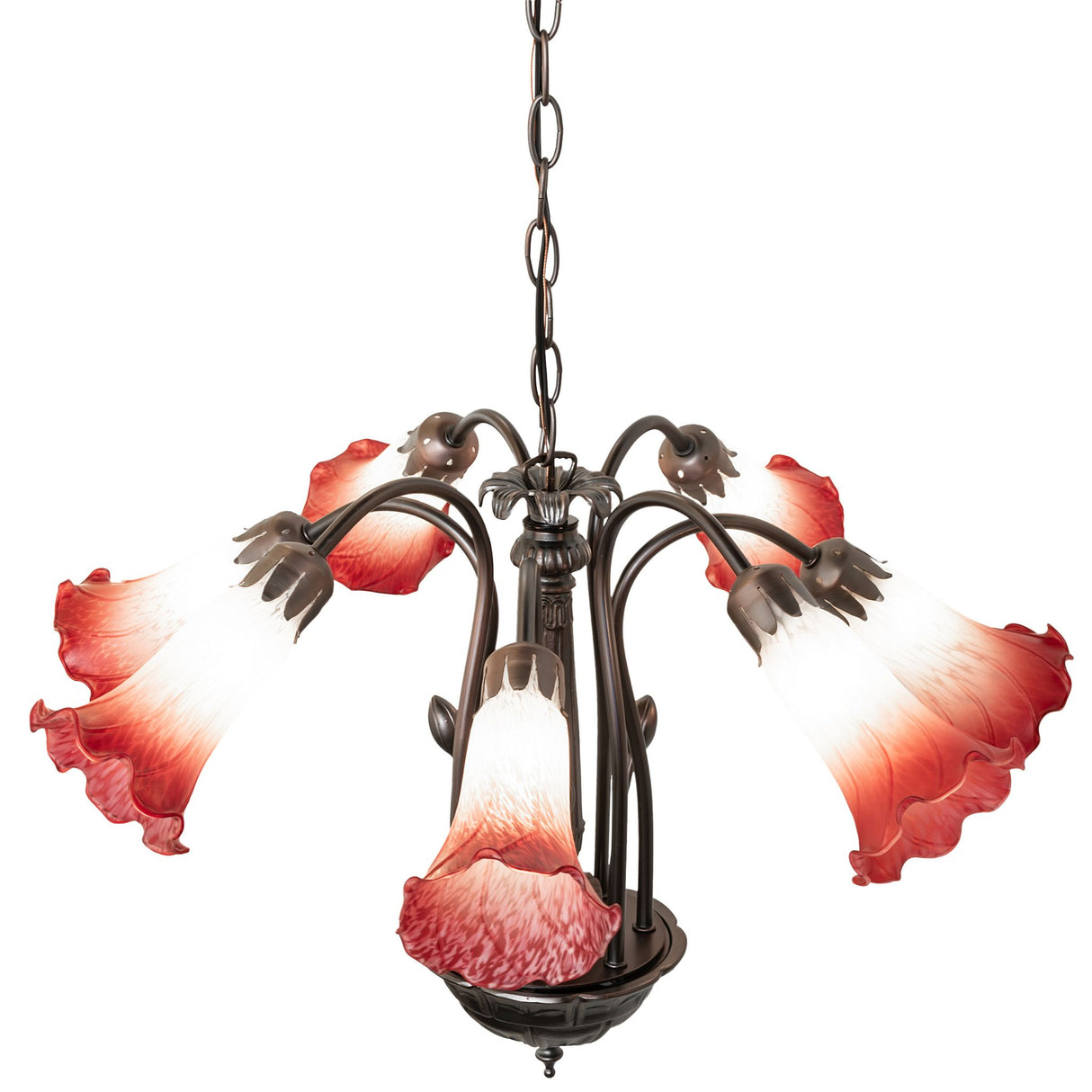 Artistic chandelier with pink and white glass lily shades.