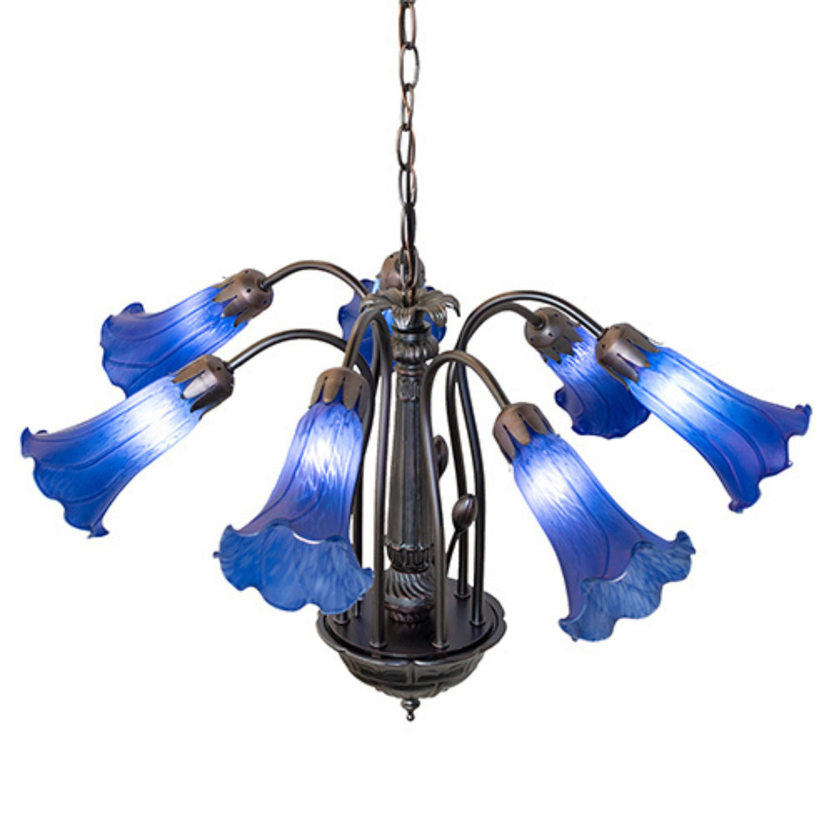 Artistic seven-light Tiffany chandelier with deep blue lily-shaped glass lamps.