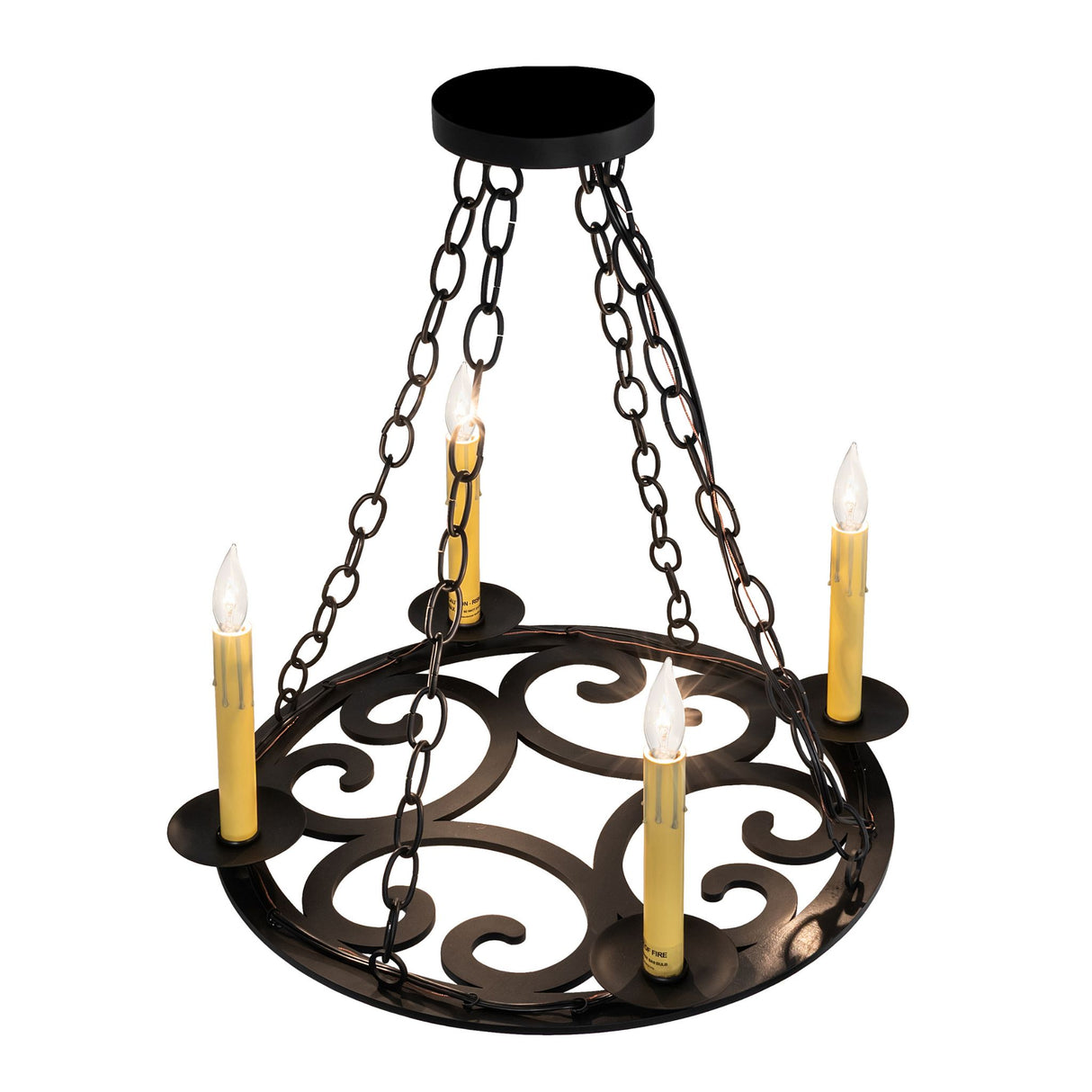 Ashley 4-light blackwash chandelier lit top angle view showing scroll ring design.