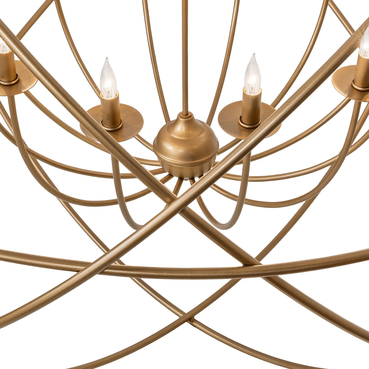 Detailed view of chandelier center body and intersecting ring connection points.
