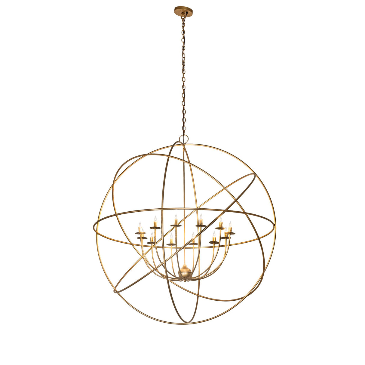 Full view of gold atom-inspired 12 light chandelier suspended from ceiling.