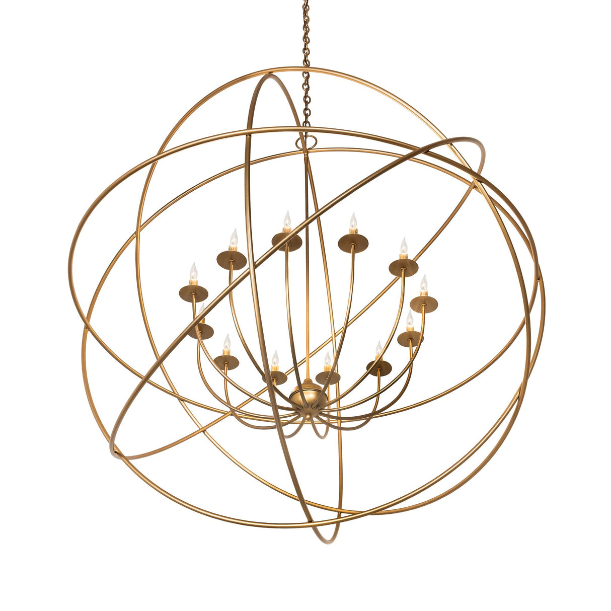 Tilted view showing dimensional layered rings and candlelight arms of atom chandelier.