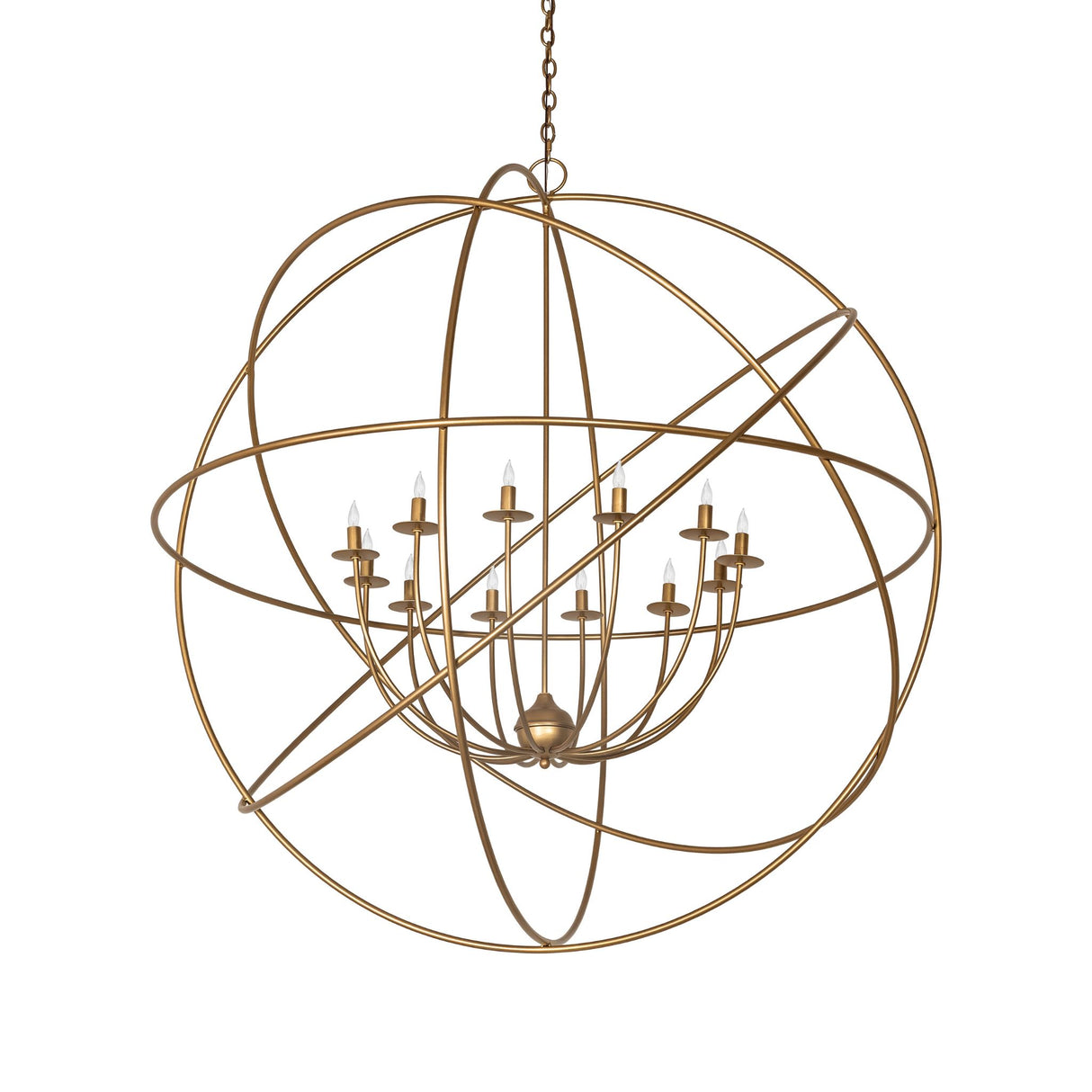 Large gold atom chandelier with 12 candlelight arms unlit view.