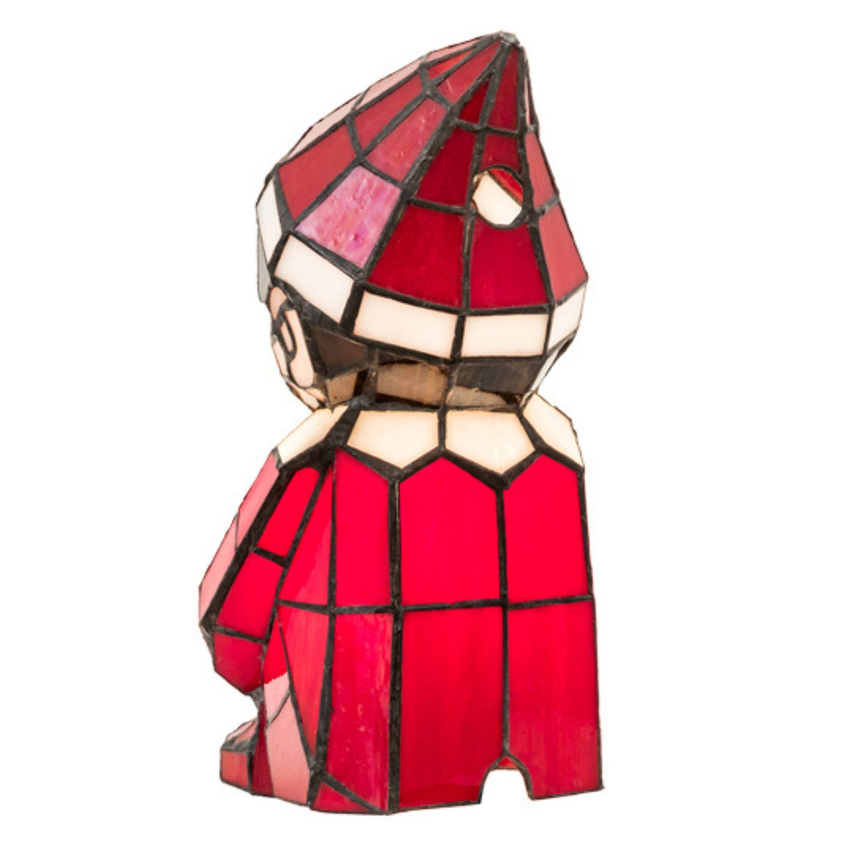 Back view of red stained glass elf accent lamp.