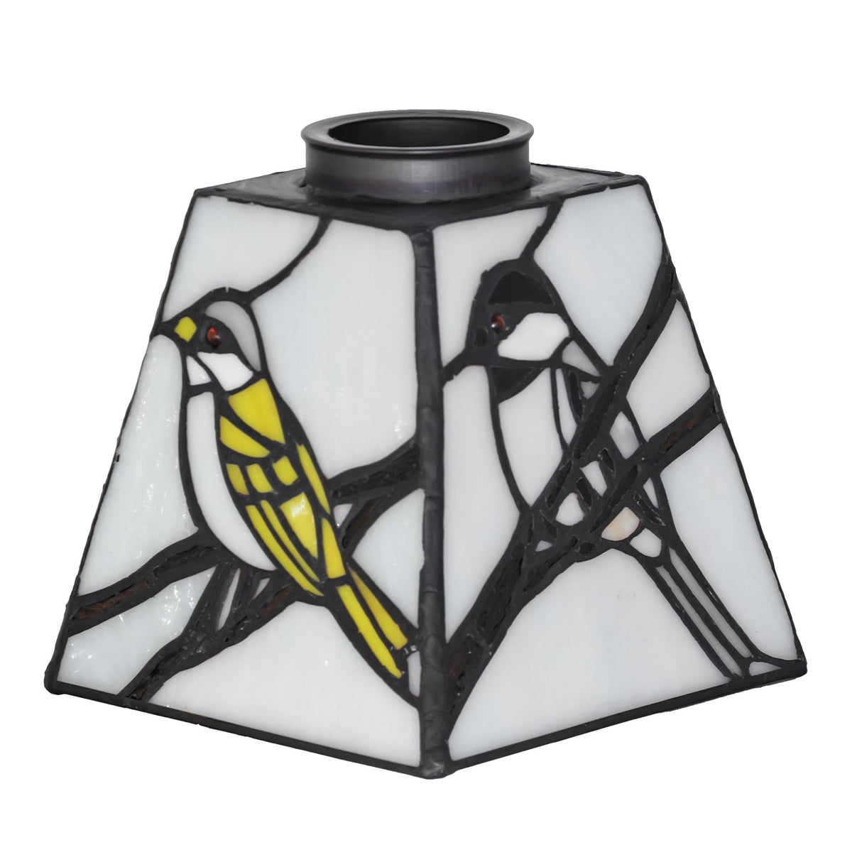 Unlit view of the Backyard Friends shade highlighting its detailed stained glass design.