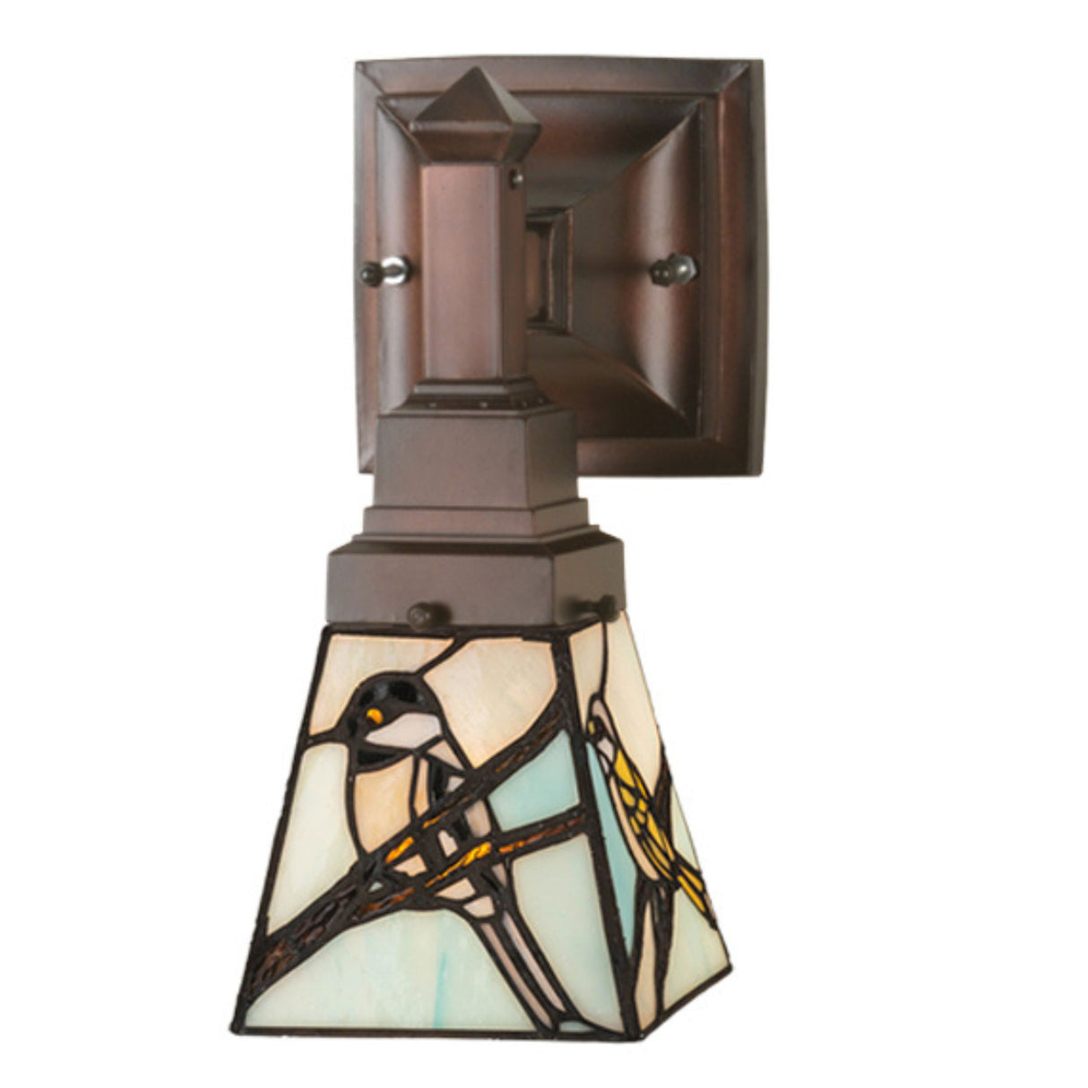 Backyard Friends wall sconce featuring birds on branches with an azure sky.